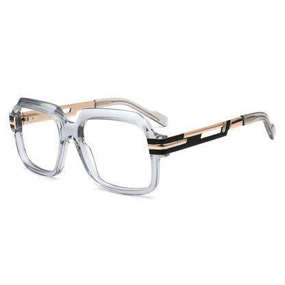 black oversized square acetate glasses with gold metal temple details front view