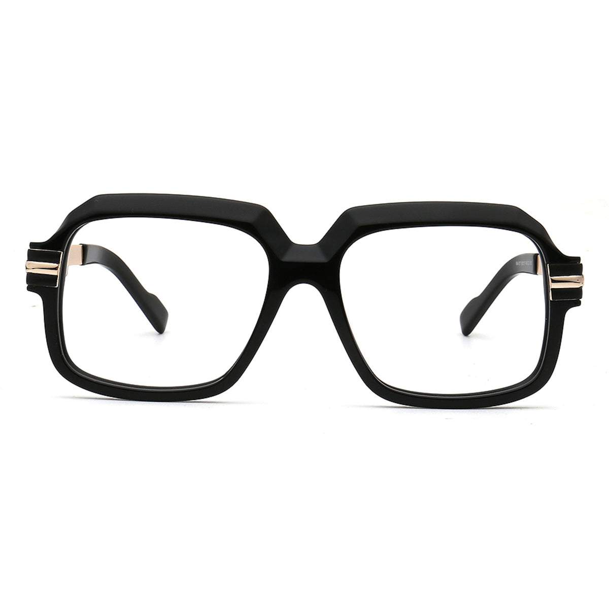 black acetate metal square eyeglasses with geometric gold temples side view