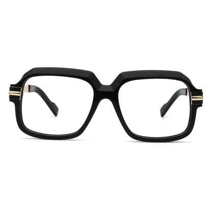 black acetate metal square eyeglasses with geometric gold temples side view