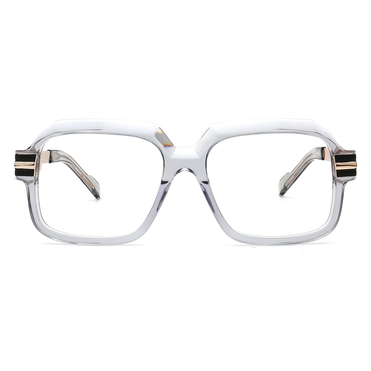 translucent gray acetate glasses with gold geometric metal temples side view