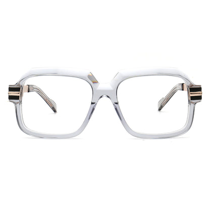 translucent gray acetate glasses with gold geometric metal temples side view