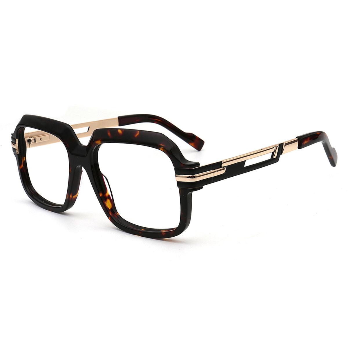 tortoise square eyeglasses with gold cutout metal temples side view