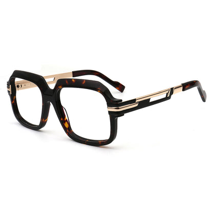 tortoise square eyeglasses with gold cutout metal temples side view