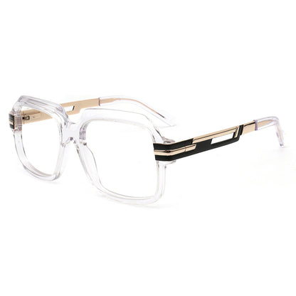 clear acetate glasses with black and gold metal temples side view
