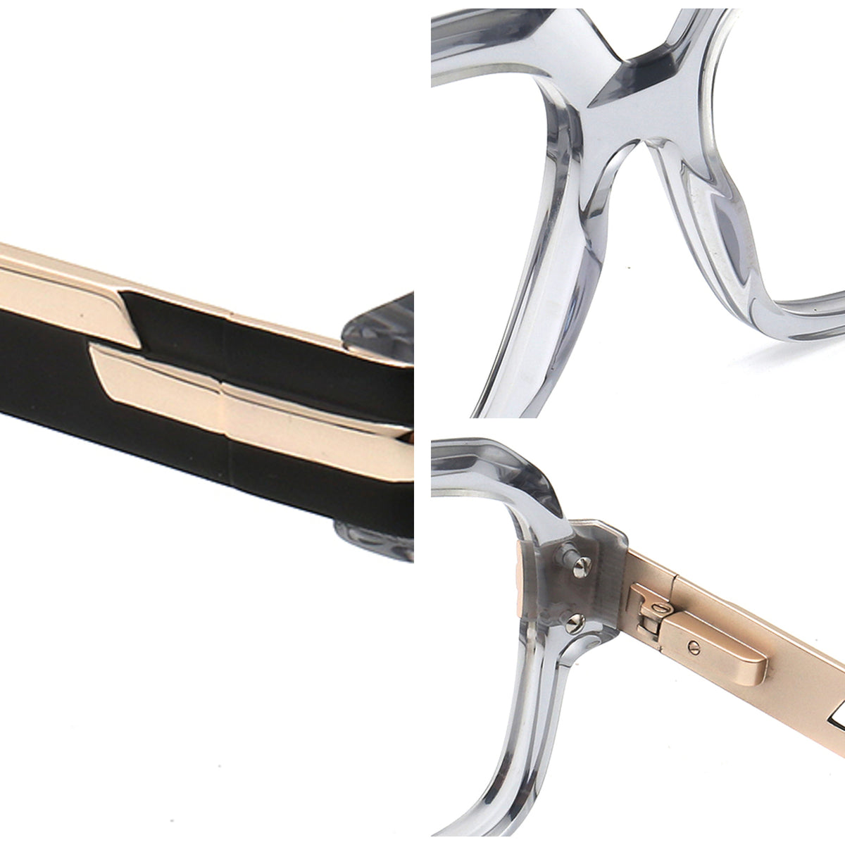 acetate square eyeglasses bridge hinge and geometric metal temple details