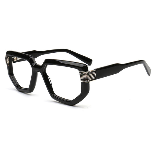 black acetate eyeglass frames with layered silver temple accents