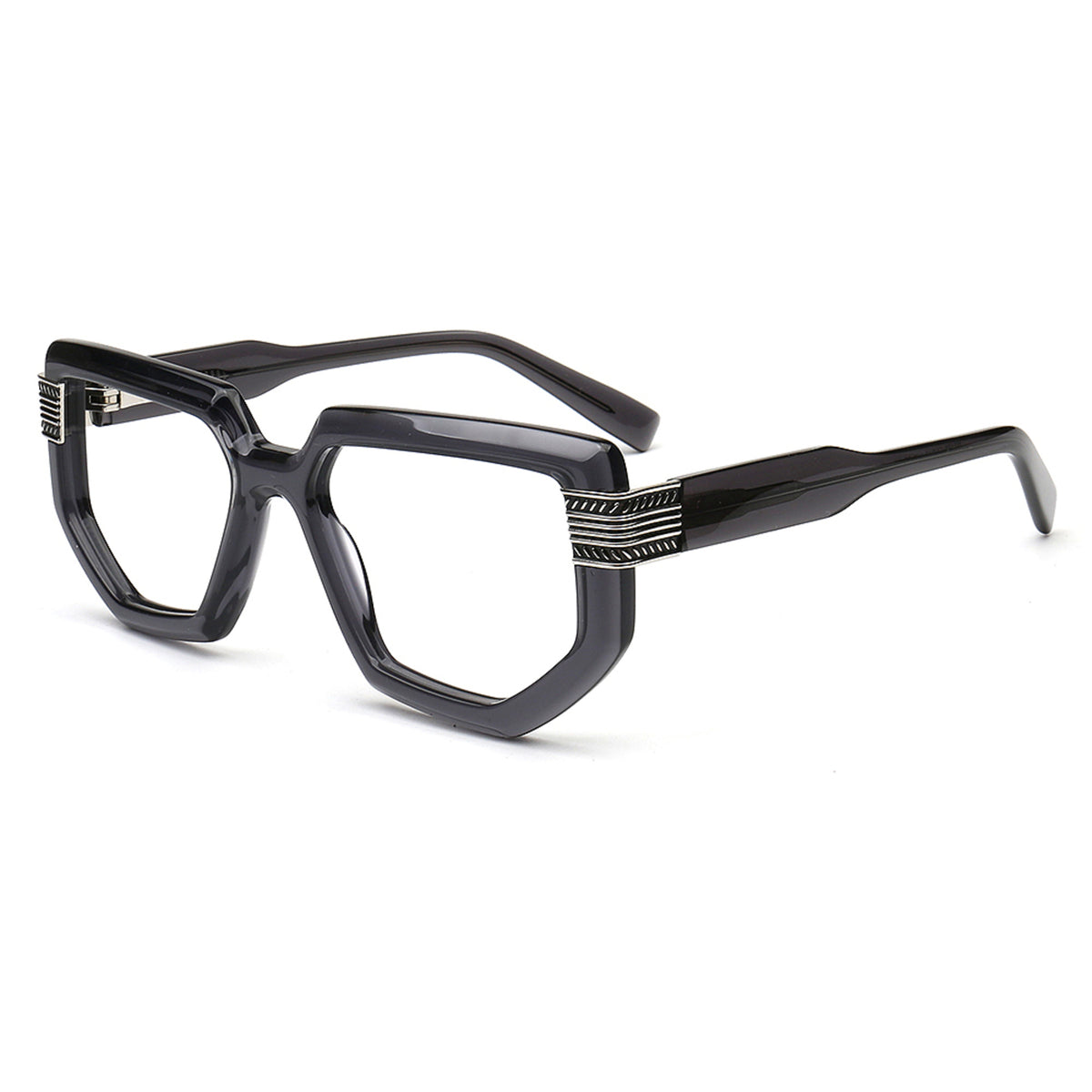 smoke gray acetate glasses with silver metal temple accents