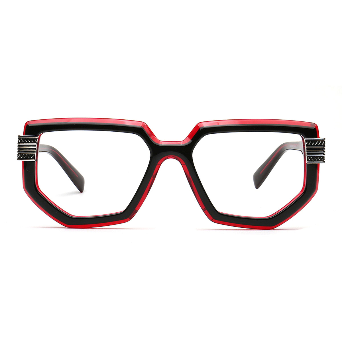 black and red geometric square glasses for men front view