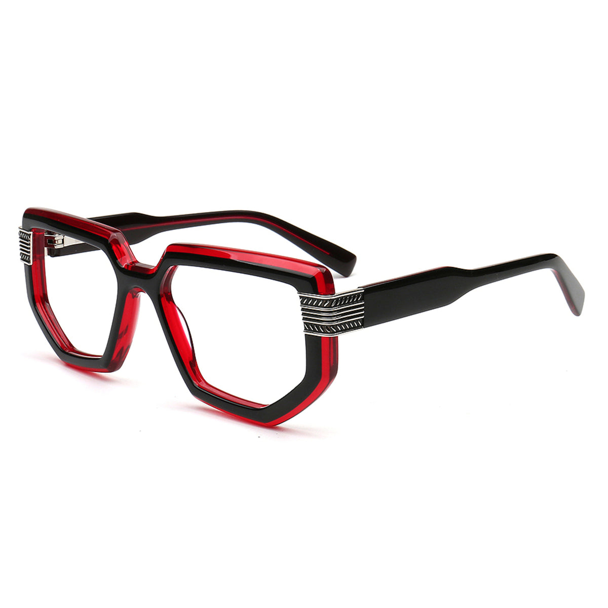 black and red retro acetate eyeglasses with silver metal temple detail