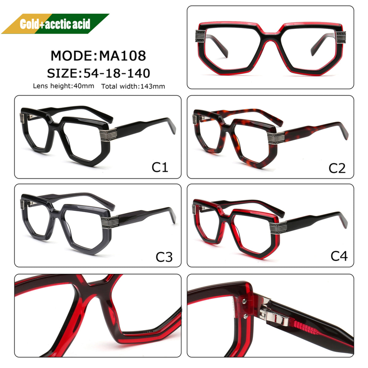 men's geometric square eyeglass frames in black tortoise gray and red