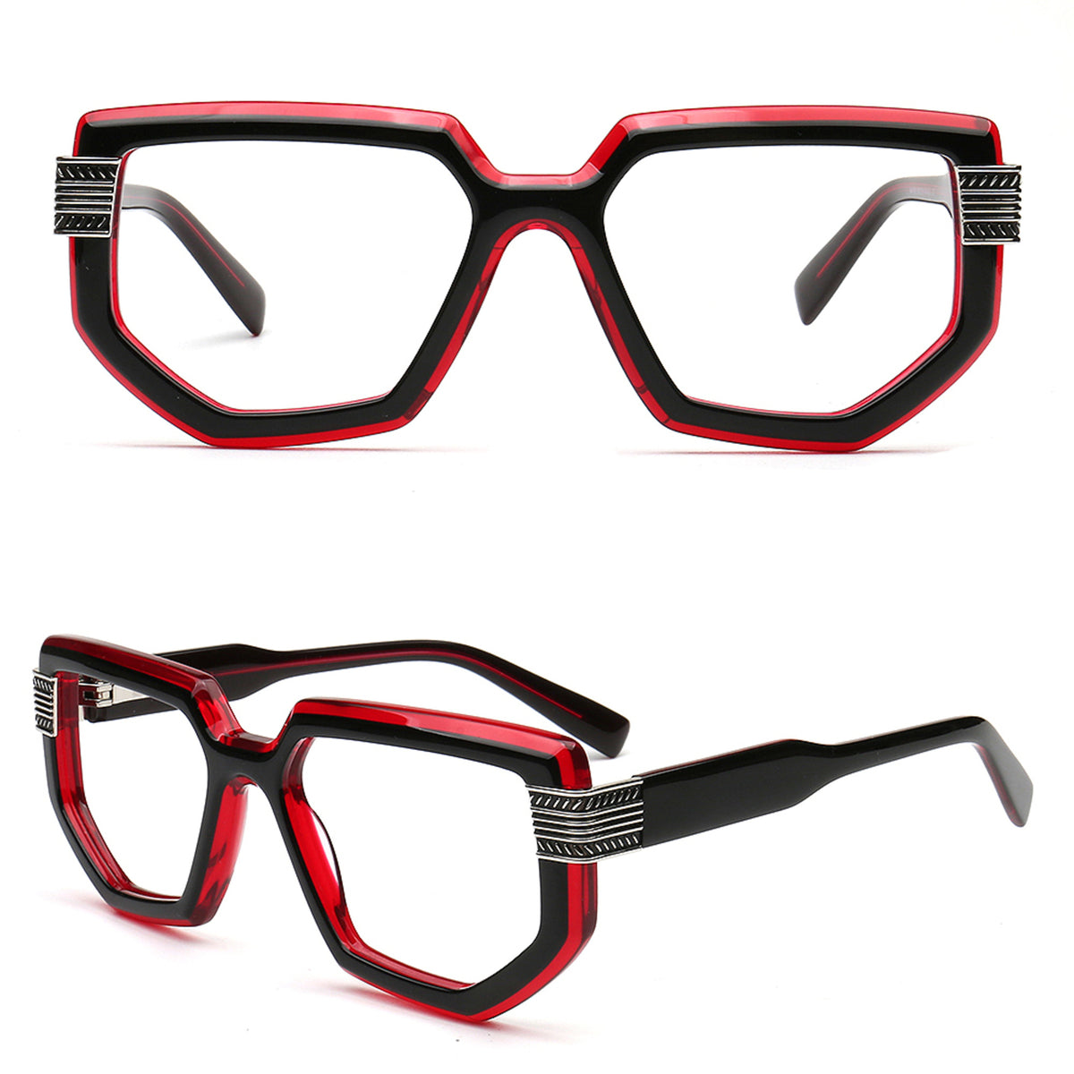 black and red men's retro geometric square eyeglasses front and angled views