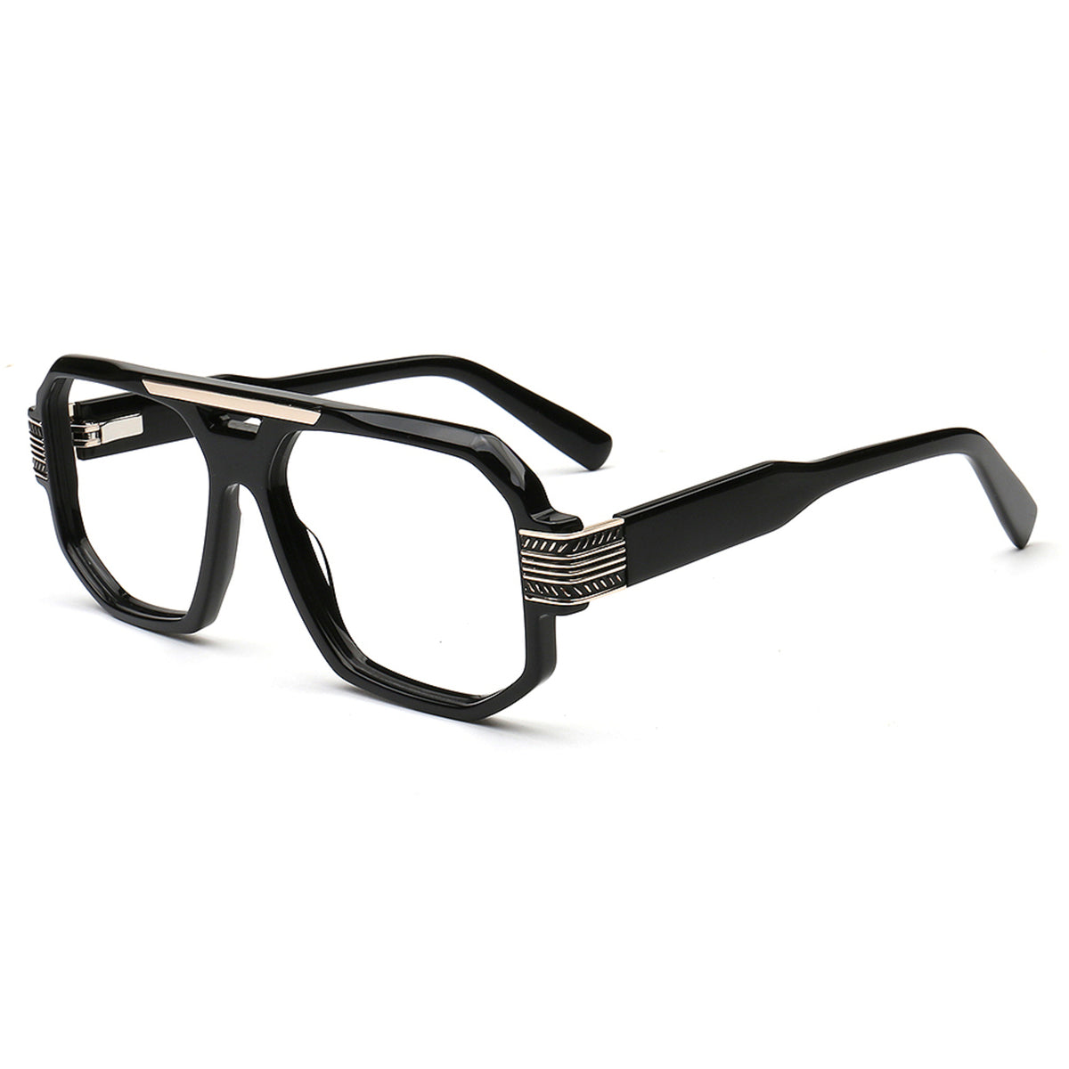 black oversized acetate glasses with gold double bridge and metal temple details
