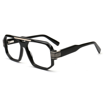 black oversized acetate glasses with gold double bridge and metal temple details