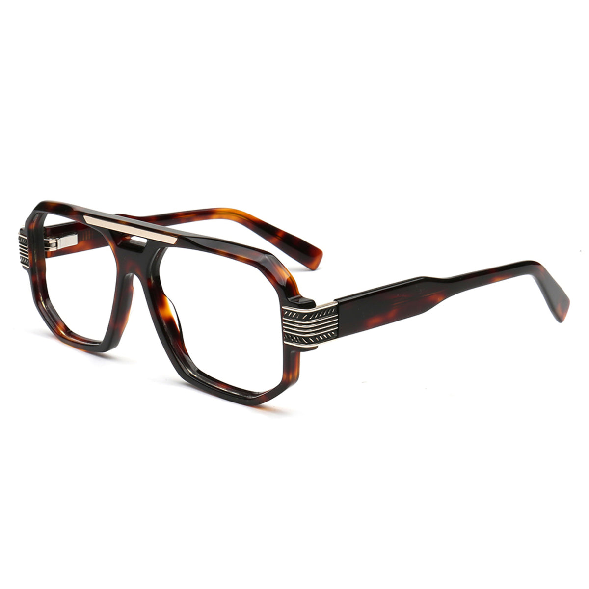 tortoise retro navigator glasses with gold metal temple accents