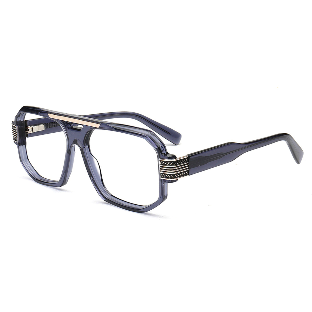 navy blue retro navigator glasses with gold metal accents