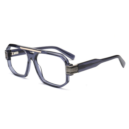navy blue retro navigator glasses with gold metal accents