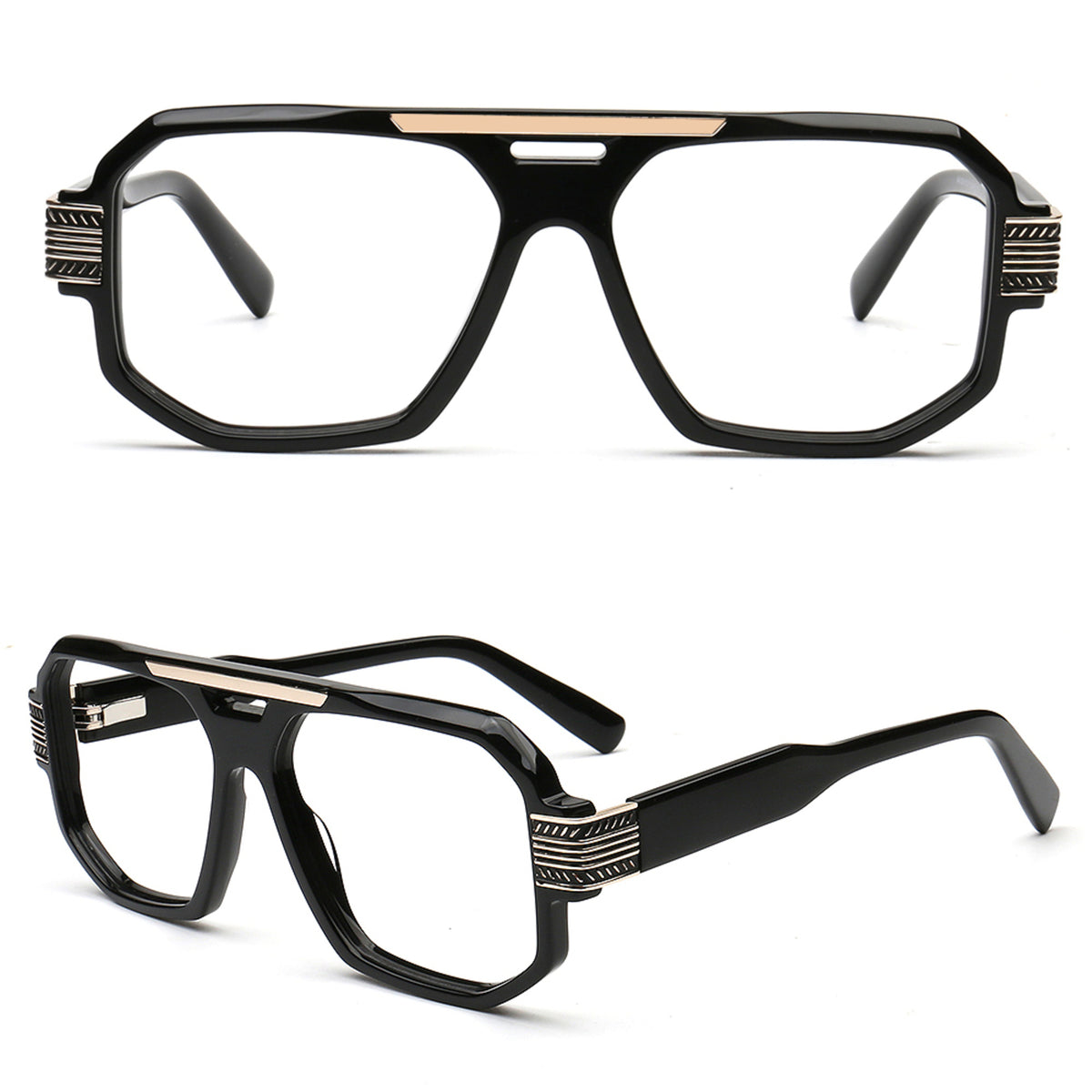 black men's retro square aviator eyeglasses front and angled views