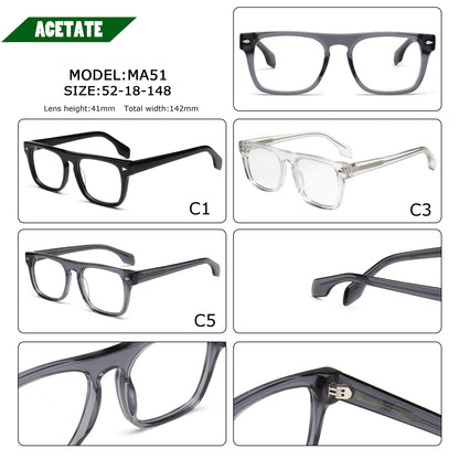 A product information collage for acetate square eyeglass frames
