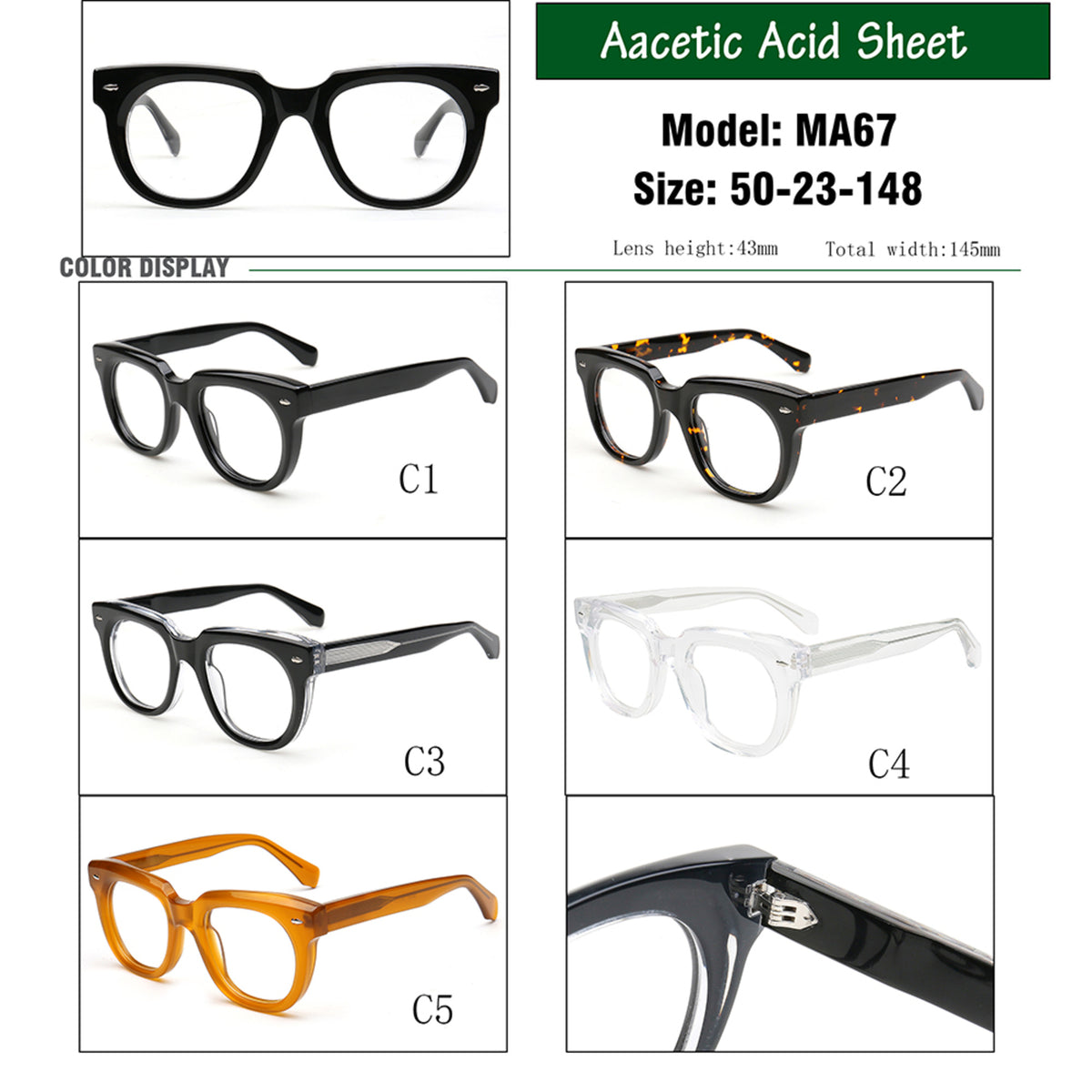 Marlow MA67 acetate eyeglass frames color chart and dimensions