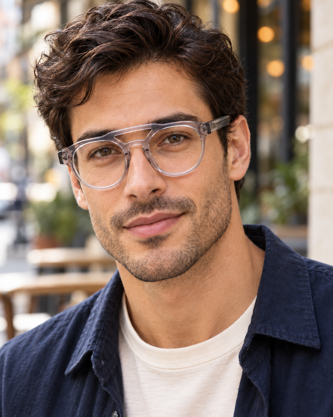 A man wearing transparent grey eyeglasses with a thick black inner border, shown in a close-up portrait against a softly blurred outdoor cafe background.