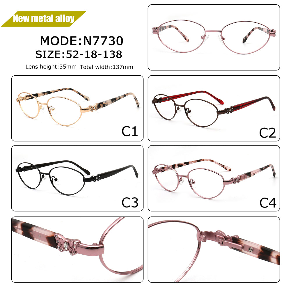 vintage designs of metal oval eyeglass frames with specifications on a white background