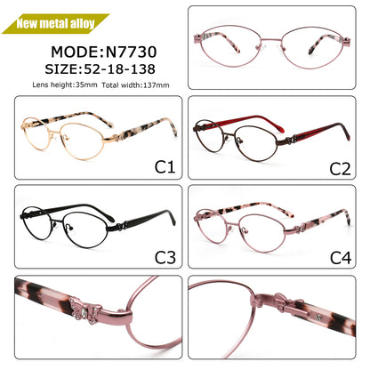 vintage designs of metal oval eyeglass frames with specifications on a white background