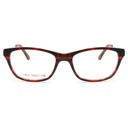 A pair of red patterned full rim glasses for women