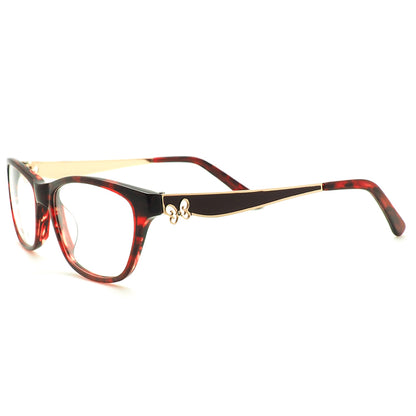 Side view of red patterned full rim glasses for women