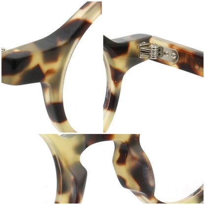 Close-up views of tortoiseshell eyeglass frames on a white background, showing the temple hinge and the curved acetate material.