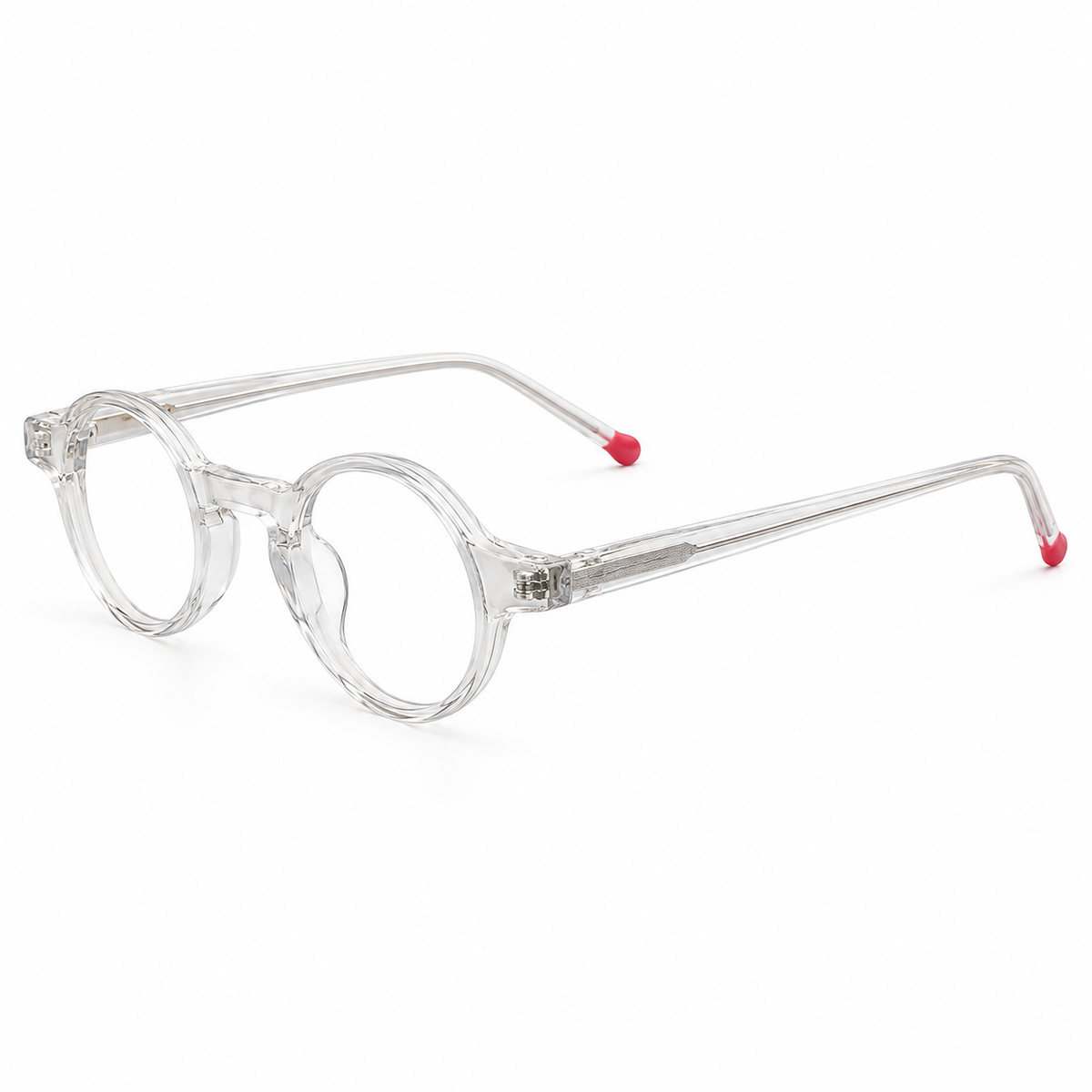 Clear round-frame eyeglasses with translucent plastic frames and small red tips on the back of the arms, shown on a white background.