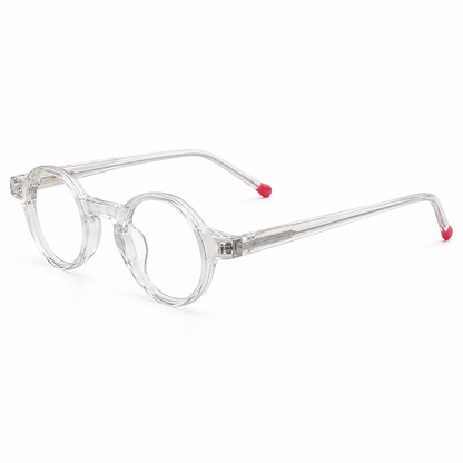 Clear round-frame eyeglasses with translucent plastic frames and small red tips on the back of the arms, shown on a white background.