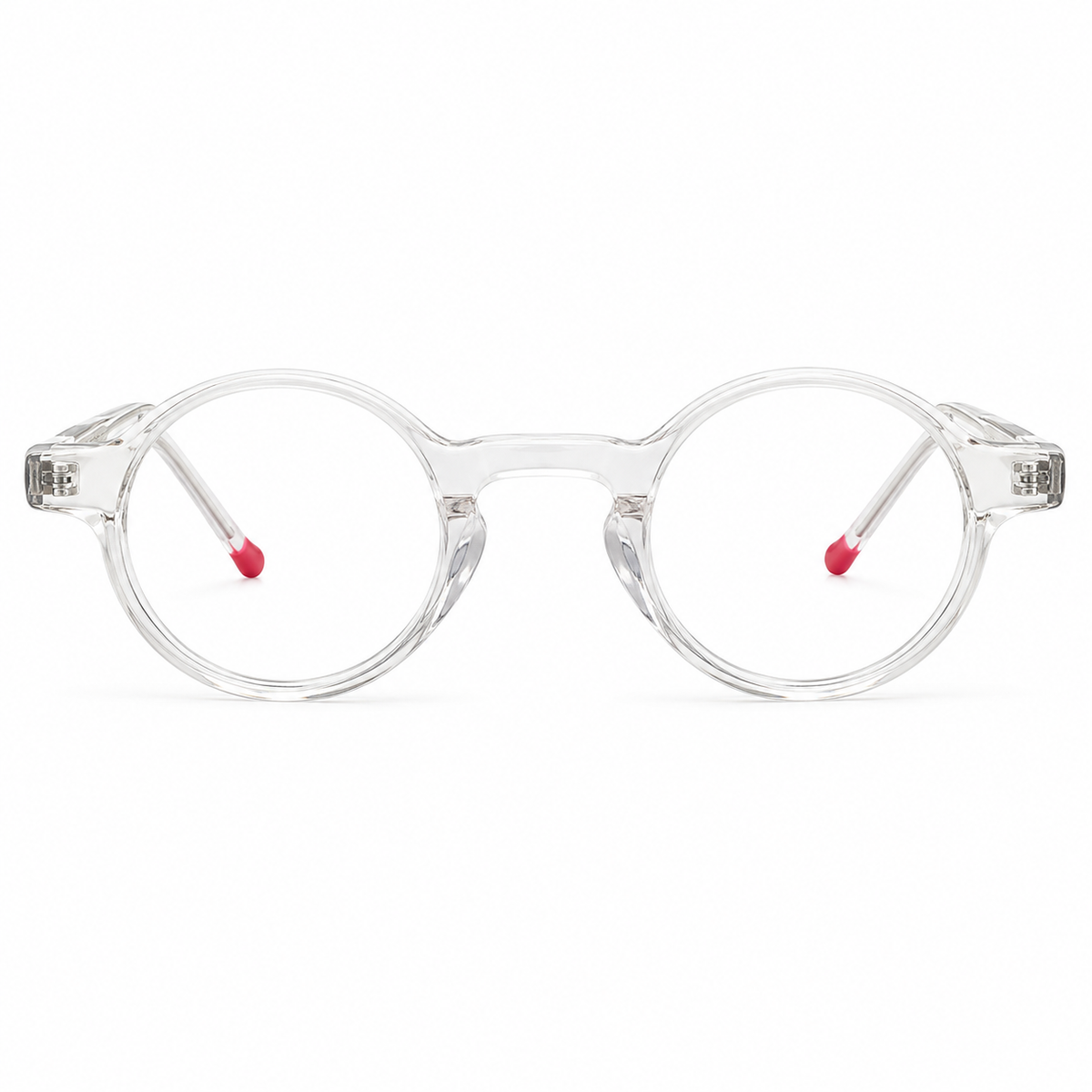 Clear round-frame eyeglasses with transparent acetate rims and small red temple tips, shown from the front on a white background.