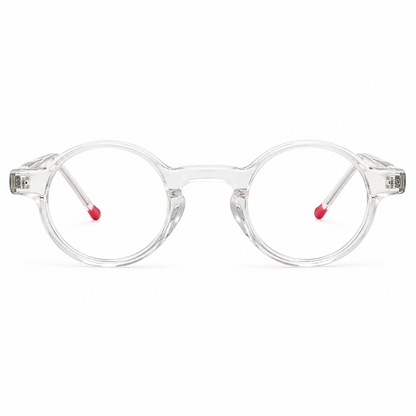 Clear round-frame eyeglasses with transparent acetate rims and small red temple tips, shown from the front on a white background.