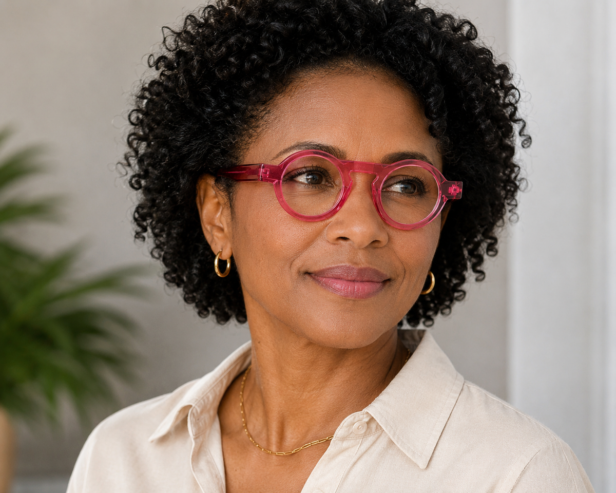 A close-up portrait of a woman with curly black hair wearing round pink eyeglasses and a cream-colored collared shirt.