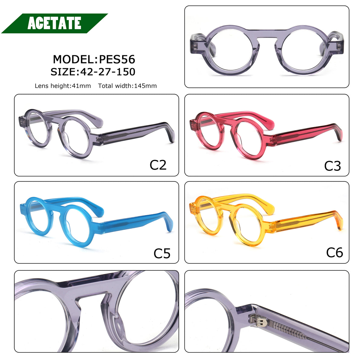 A catalog-style product image showing multiple translucent acetate round-frame eyeglasses options, plus close-up detail panels. The top left includes the text 'ACETATE', 'MODEL: PES56', 'SIZE: 42-27-150', and 'Lens height: 41mm Total width: 145mm'.