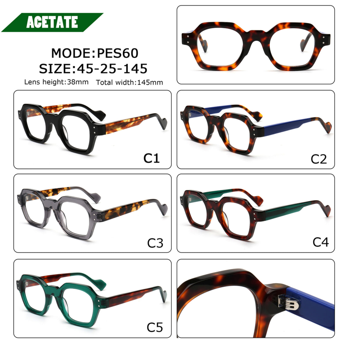 retro two tone geometric acetate eyeglass frames in five colors