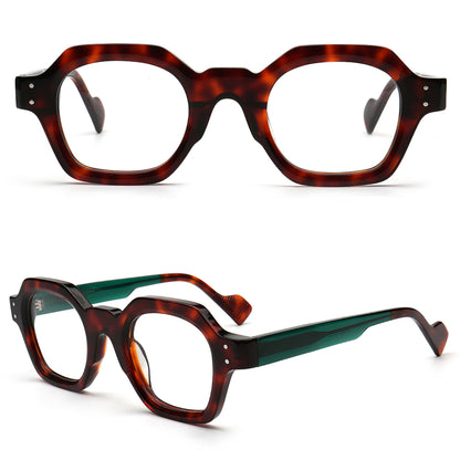 brown tortoise shell and green retro two tone eyeglasses front and angled views