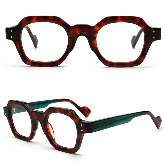 brown tortoise shell and green retro two tone eyeglasses front and angled views