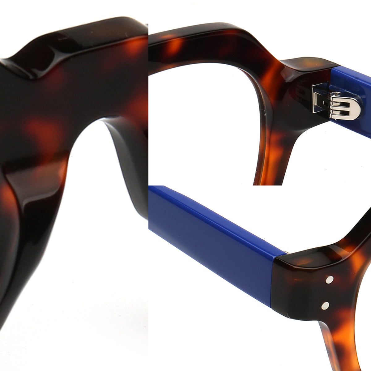 tortoise shell glasses molded bridge hinge and blue acetate temple details