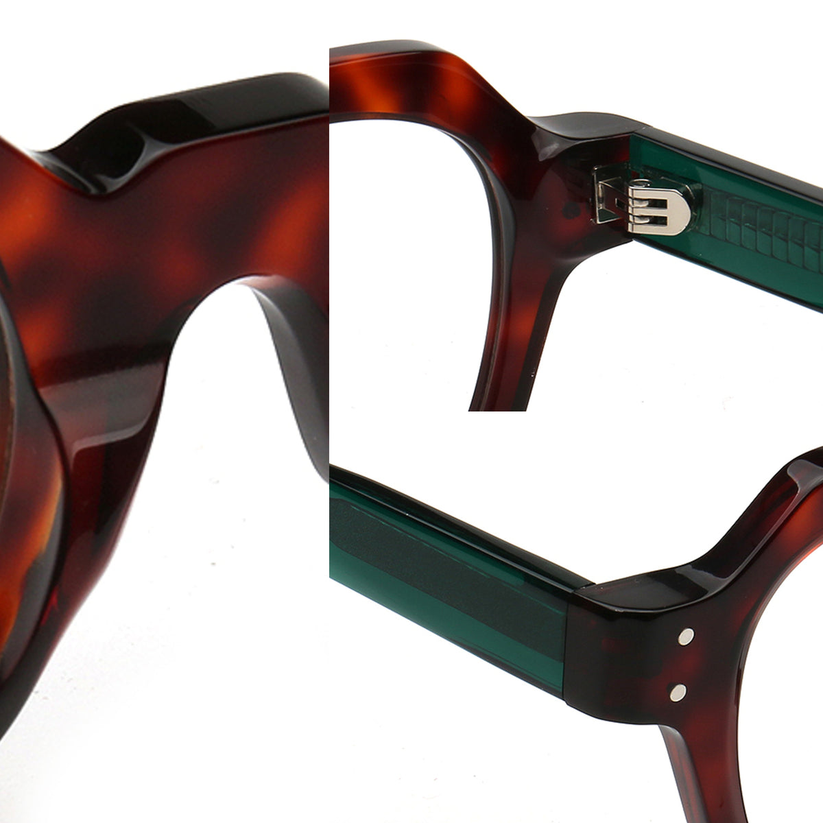 tortoise shell glasses molded bridge hinge and green acetate temple details