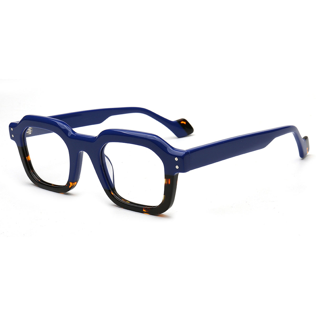 navy tortoise retro acetate eyeglass frames angled view