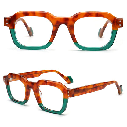 retro tortoise shell and green two tone square eyeglasses front and angled views