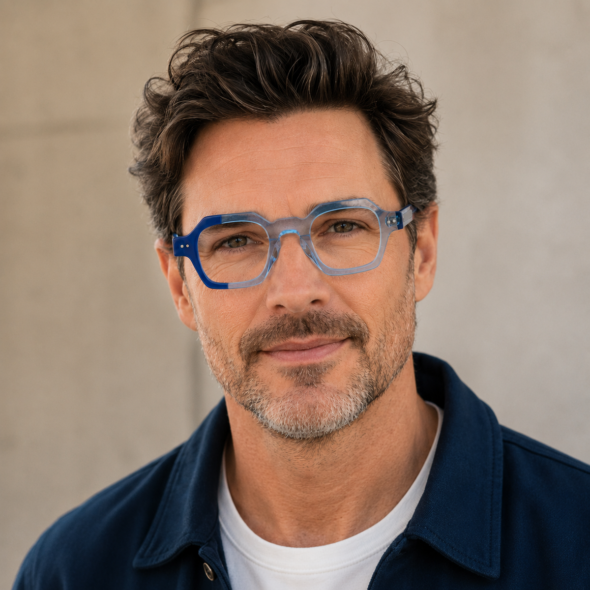 Man wearing Bik blue two-tone square acetate eyeglasses