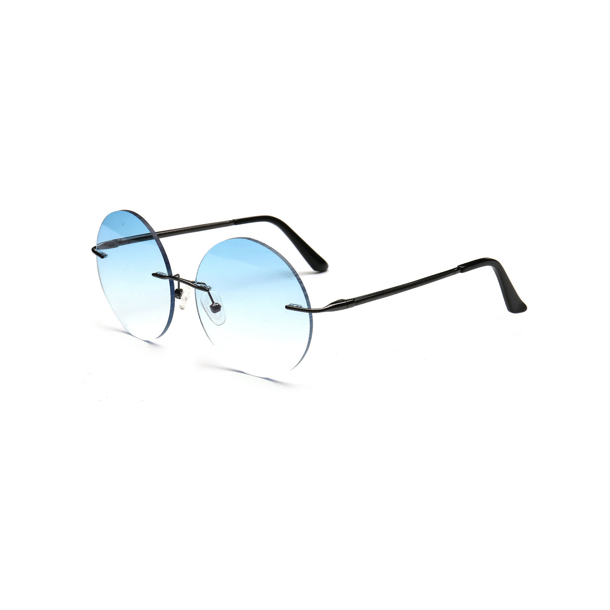 blue gradient round rimless sunglasses with gunmetal temples