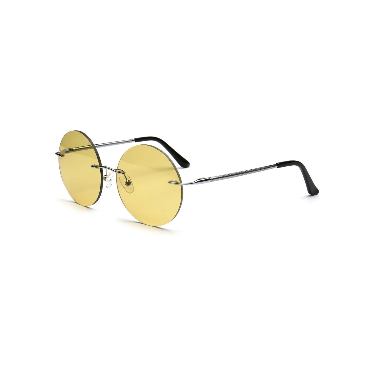 yellow lens round rimless sunglasses with silver metal temples
