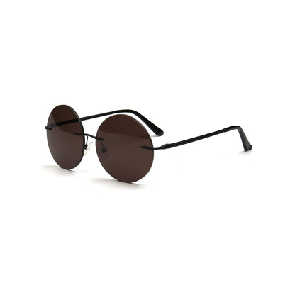 brown lens round rimless sunglasses with black metal temples