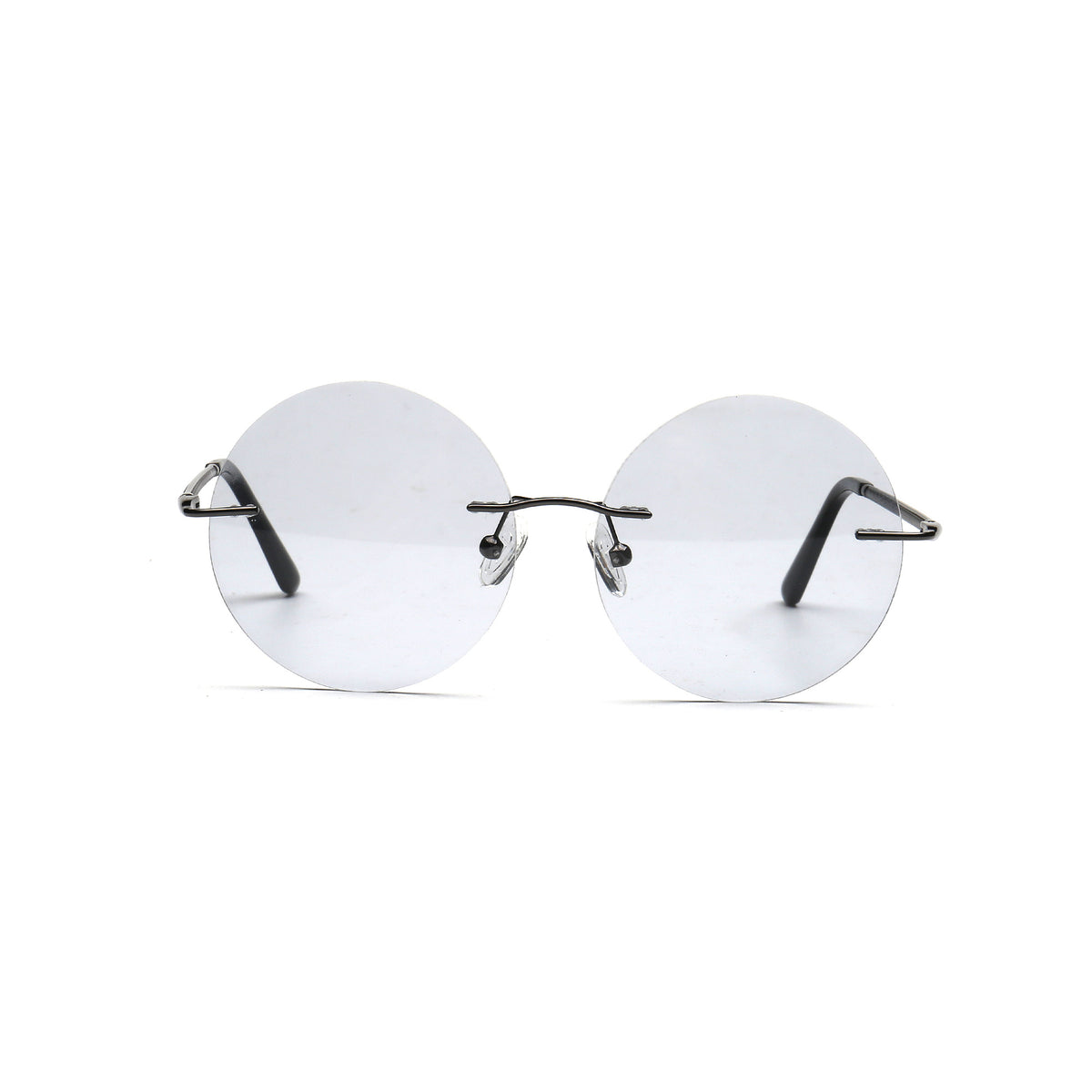 light gray round rimless sunglasses front view