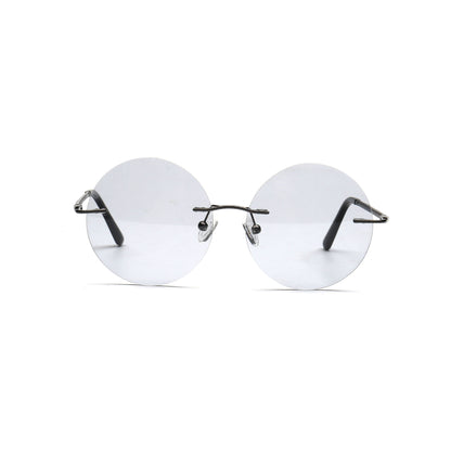 light gray round rimless sunglasses front view