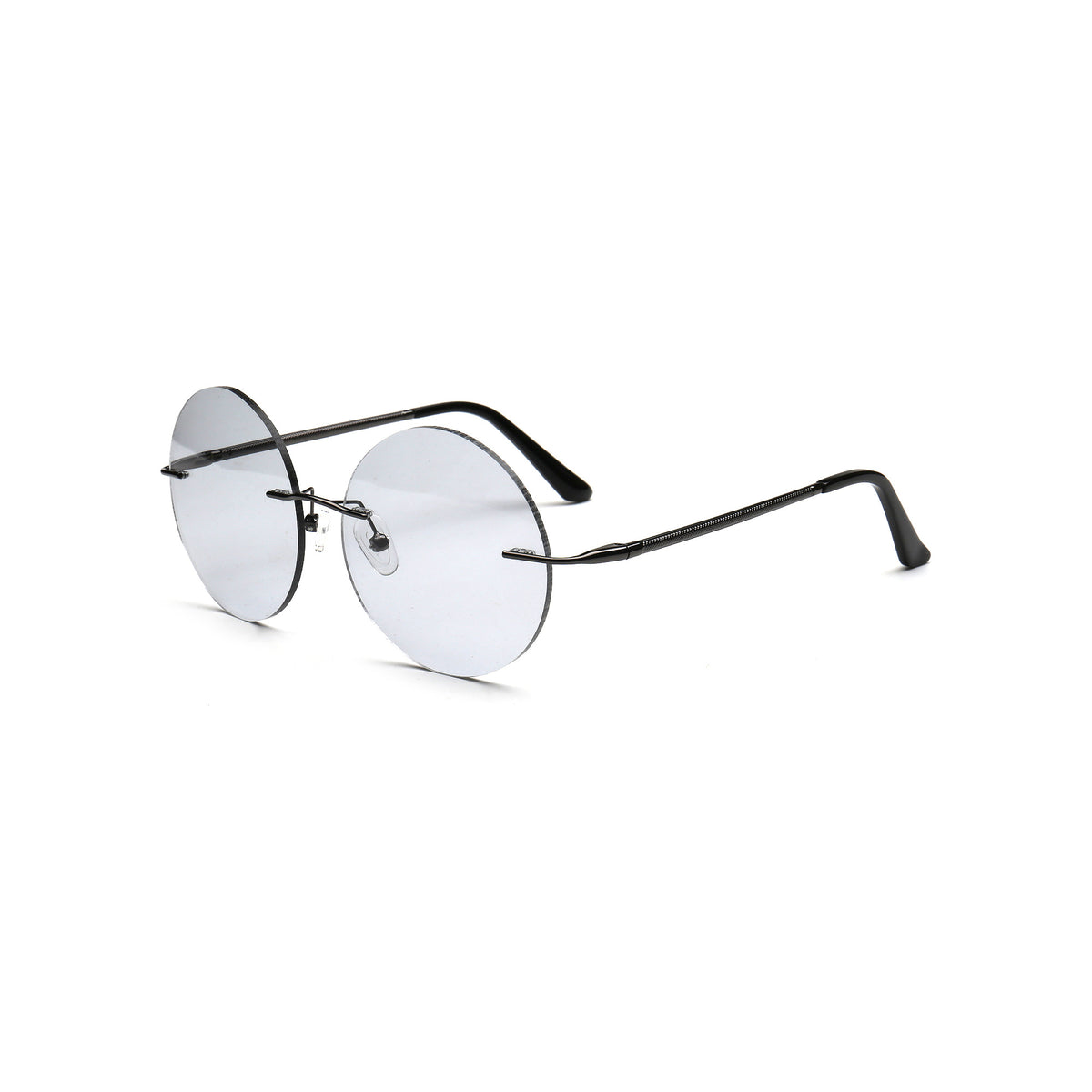 light gray round rimless sunglasses with gunmetal temples