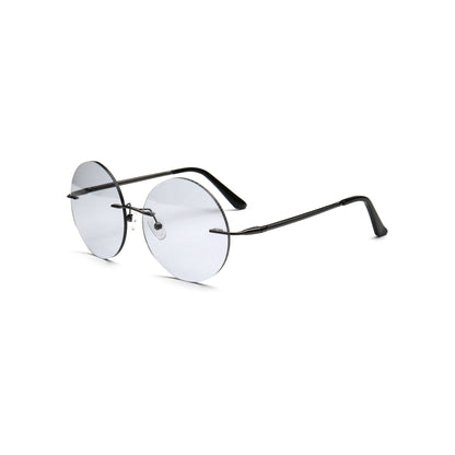 light gray round rimless sunglasses with gunmetal temples